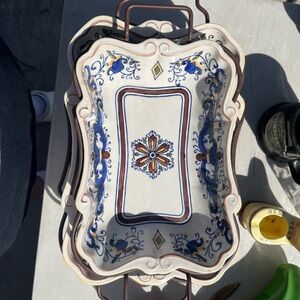 Ornate Ceramic Tray with Blue and Brown Patterns